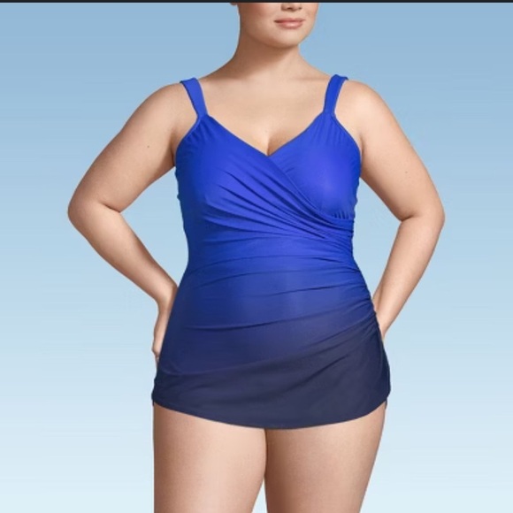 Lands’ End SlenderSuit Tummy Control Skirted 1 Piece Swimsuit Blue Ombré 12D - Picture 2 of 13